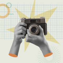 Hands shooting a retro camera in a collage vector illustration, photography concept.