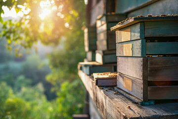 Rustic Wooden Beehives at Sunrise in a Serene Forest