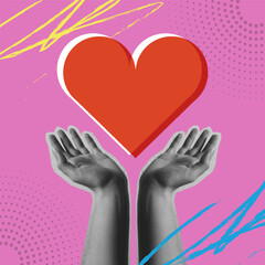 Human hand and red heart love in a collage vector illustration