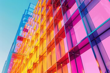 Fototapeta premium Vibrant modern building facade with colorful glass panels reflecting light, creating a kaleidoscope effect. Perfect for architecture and design themes.