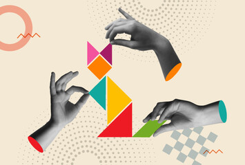 Human hands play tangram puzzle in retro collage vector illustration