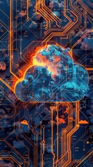 Abstract depiction of a glowing cloud with circuit lines representing cloud computing technology and digital data transfer.