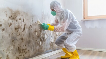 A Specialist in Protective Gear Inspects Mold Growth on a Wall