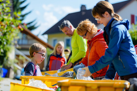 Family Sorting Recyclables Outdoors Teaching Kids Environmental Responsibility - Powered by Adobe