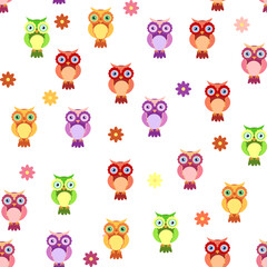 Seamless colorful owl pattern for children with flowers, clouds, branches