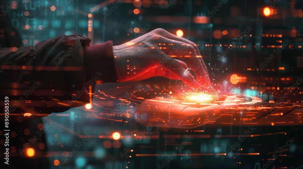 Poster A hand is touching a glowing red object on a screen