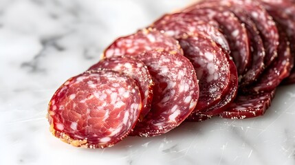 Sliced Cured Salami on a White Surface,Charcuterie Board Arrangement