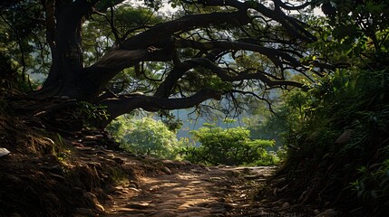 Fototapeta premium Ancient tree with sprawling branches providing shade over a serene forest path in Bandipur, Nepal