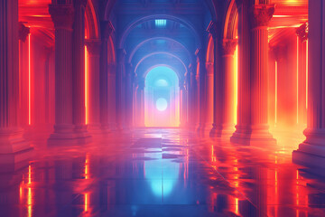 Futuristic Neon Colored Hallway with Glowing Columns and Reflective Floor