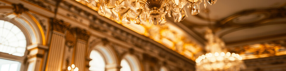 Luxurious Golden Interior with Crystal Chandeliers and Ornate Architecture