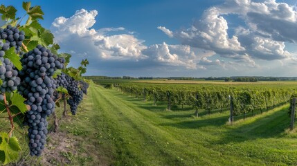 Obraz premium A close-up image of bunches of ripe red grapes growing on a vine in a vineyard