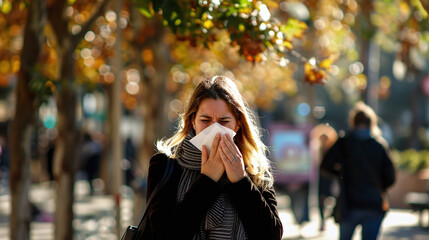 Person with a cold sneezing in a tissue and blowing their nose. 