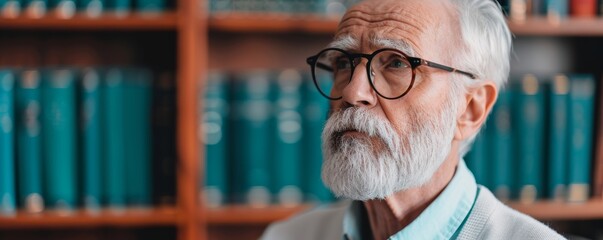Elderly man with glasses and white beard in a library, deep in thought. Shelves of books are in the background.