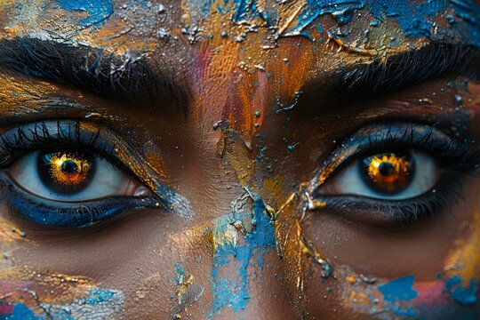 . Woman with colorful face paint and striking eye makeup.