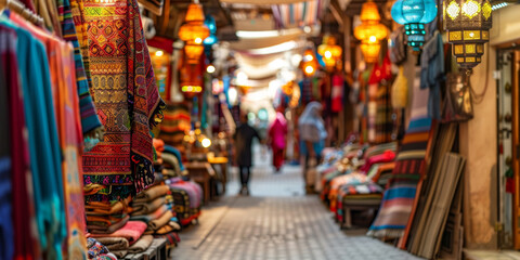 Vibrant Traditional Market with Colorful Textiles and Lanterns