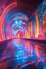 Futuristic Neon Tunnel with Vibrant Lights and Reflections in Urban Environment