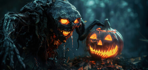 Fototapeta premium Pumpkin Monster Demon with Jack-o-Lantern in the Halloween Night Horror