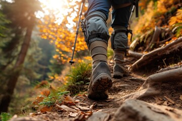 A hiker walking on a trail surrounded by autumn foliage, capturing the beauty of outdoor adventures and seasonal change.