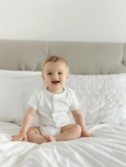Baby wearing white shirt bodysuit mockup, at white bed background. Design onesie template, print presentation mock-up