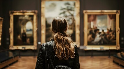 Back portrait of an adult woman looking at museum paintings in an old museum art gallery 