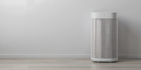 A sleek white air purifier resting on a minimalist white background AI-Generated Content