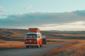 Obraz premium A classic van parked on an open road during dusk, capturing the essence of adventure and the freedom of the open road.