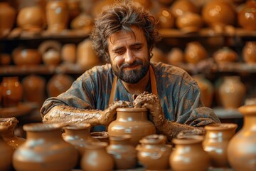 A man intensely focused on creating a pottery piece in a studio filled with various clay works, illustrating his dedication, skill, and passion for the craft.