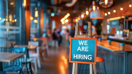 A sign on a wooden easel with 'We Are Hiring' text in a cozy, warmly lit cafe or restaurant environment.