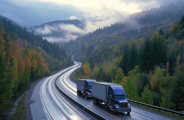 Trucks on a highway at sunset