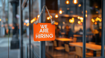 Orange 'We Are Hiring' sign hanging on a glass door of a building with a blurred interior background.