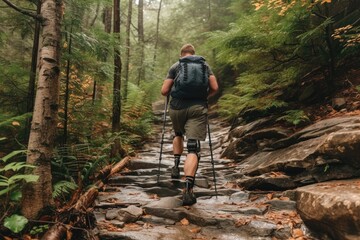 Obraz premium A hiker with a prosthetic leg walking on a trail through a forest, surrounded by greenery.