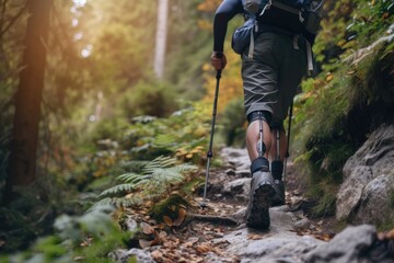 A hiker with a prosthetic leg walking on a trail through a forest, surrounded by greenery.