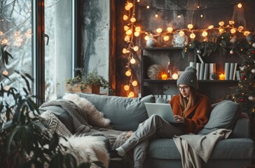 Naklejka premium Woman working from home with laptop in home interior