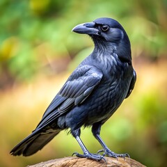 close up of a crow. Portrait of a black crow in the daytime. Ideal for stock images showcasing wildlife in an urban environment.