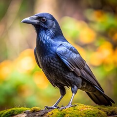 close up of a crow. Portrait of a black crow in the daytime. Ideal for stock images showcasing wildlife in an urban environment.