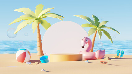 Obraz premium 3D render, display podium with blank white circle on summer beach sea background, scene for advertising decorate with summer element.