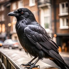 close up of a crow. Portrait of a black crow in the daytime. Ideal for stock images showcasing wildlife in an urban environment.
