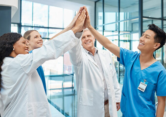 People, doctors and high five in celebration with success for surgery, collaboration and healthcare...
