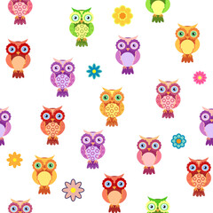Obraz premium Seamless colorful owl pattern for children with flowers, clouds, branches