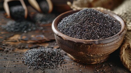 Poppy seeds in small wooden bowl on dark table. Poppies head on board with backlight.