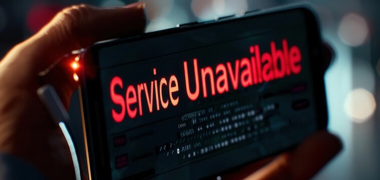 A close-up of a hand holding a phone displaying a "Service Unavailable" message