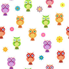 Obraz premium Seamless colorful owl pattern for children with flowers, clouds, branches