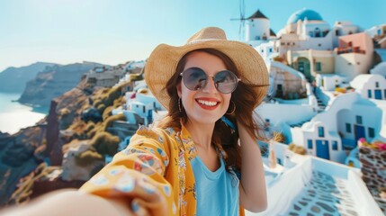 Fashionista girl taking a selfie in the charming Greek village of Oia on the island of Santorini. A young lady having fun on vacation in Greece, Europe