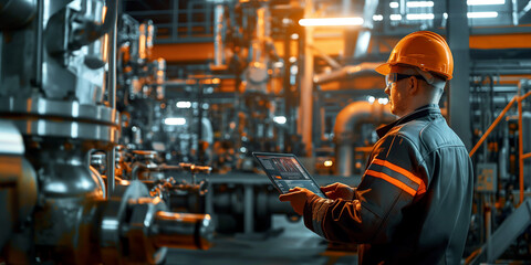 Fototapeta premium A photo of an industrial engineers stand in a pipeline manufacturing facility using digital tablet computers for the construction of products to transport oil, gas and fuel. 
