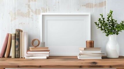 Blank white picture frame with books on a wooden desk in study setting. For mockups, allowing designers to showcase artwork, photographs, or inspirational quotes in a homey, scholarly environment 