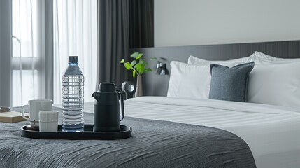 A wooden tray sits on a hotel bed with three bottles of water and a white cup. A white napkin is on the tray