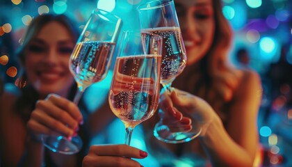 Glamorous Group of Friends Toasting at a Chic Event, Celebrating Elegance and Fun, Sparkling Champagne Flutes, Party Atmosphere, Nightlife Celebration, Fashionable Friends, Happy Hour, Cocktail