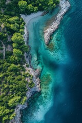 A beautiful blue ocean with a rocky shoreline and lush green trees in the background. The water is calm and clear, and the trees provide a sense of tranquility and serenity