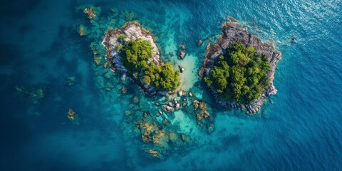 A beautiful blue ocean with two small islands in the middle. The water is clear and calm, and the islands are surrounded by lush green trees. The scene is serene and peaceful, with the water
