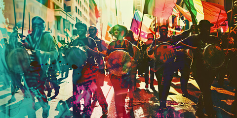 Naklejka premium The Rhythm of Change: A street parade, with protestors waving flags and banners, marching to the beat of drums